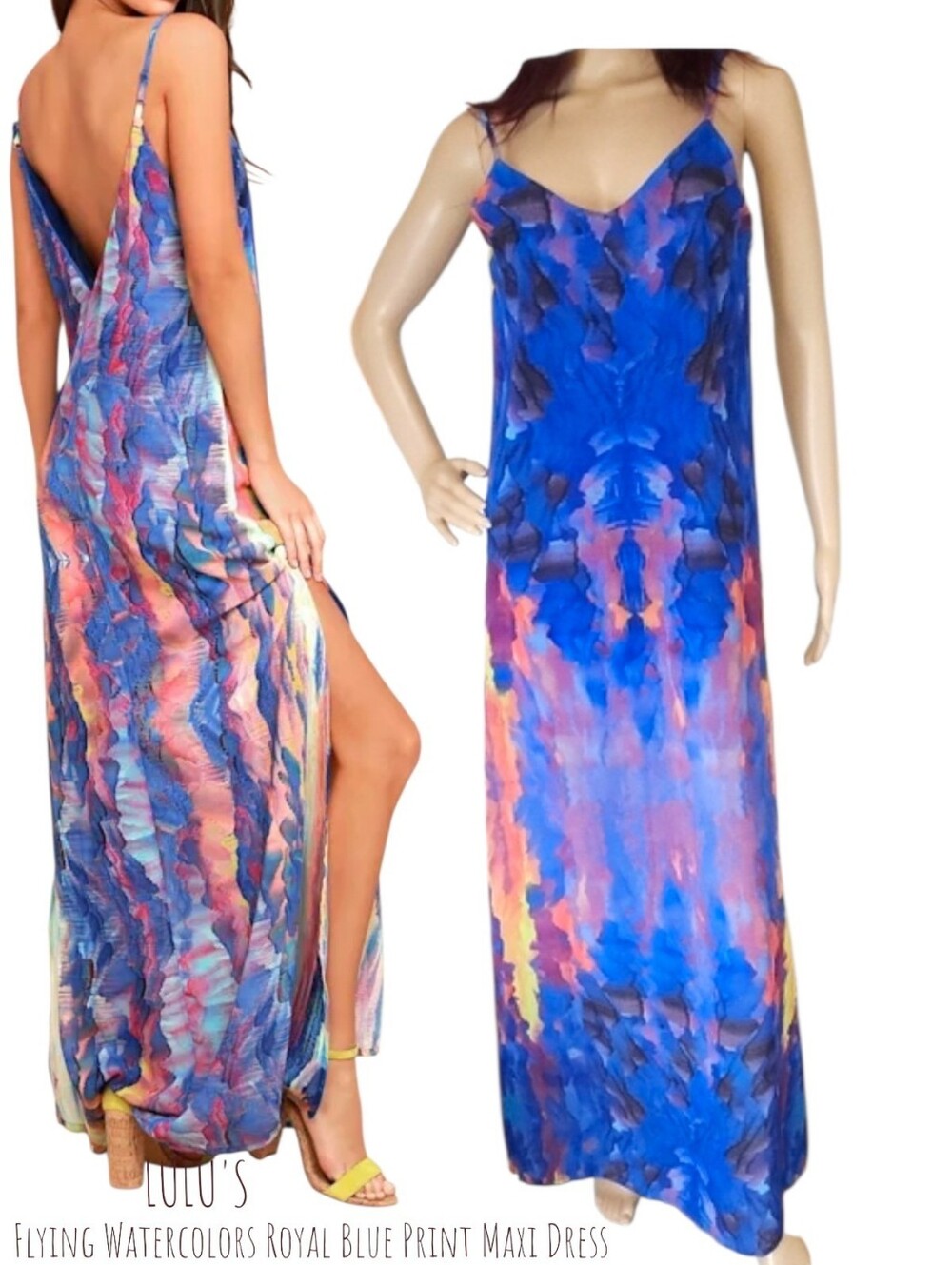 Lulus Women's Flying Watercolors Royal Blue Print Maxi Dress Flowy Side Slits XS